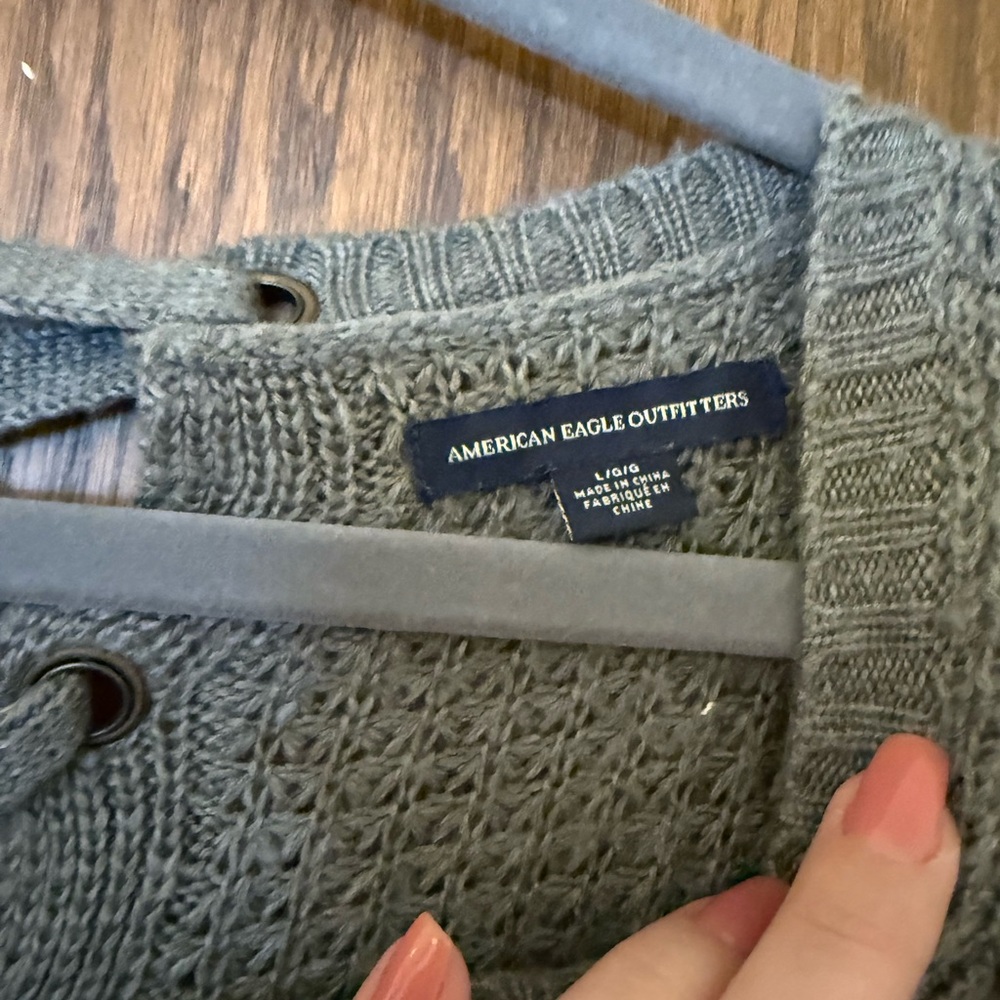 American Eagle Green Knit Sweater with Crisscross Back Cozy Scoop Neck Olive - Picture 2 of 4